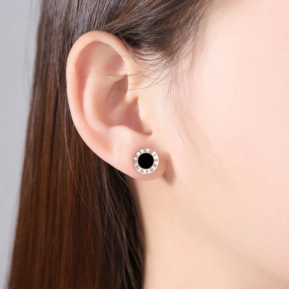 Roman Numeral Stainless Steel Silver Stud Earrings - Picture 3 of 3